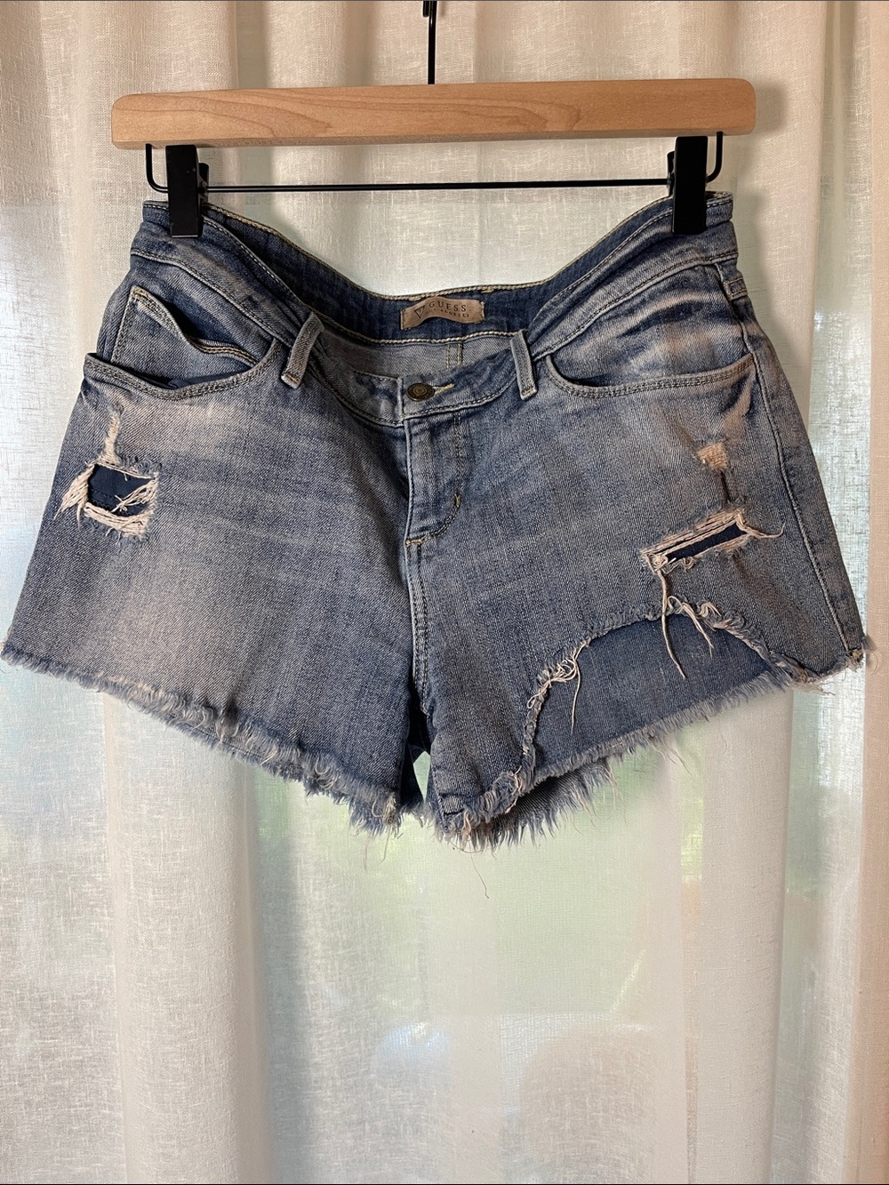 Guess Distressed Floral Embroidered Light Blue Denim Jean Shorts